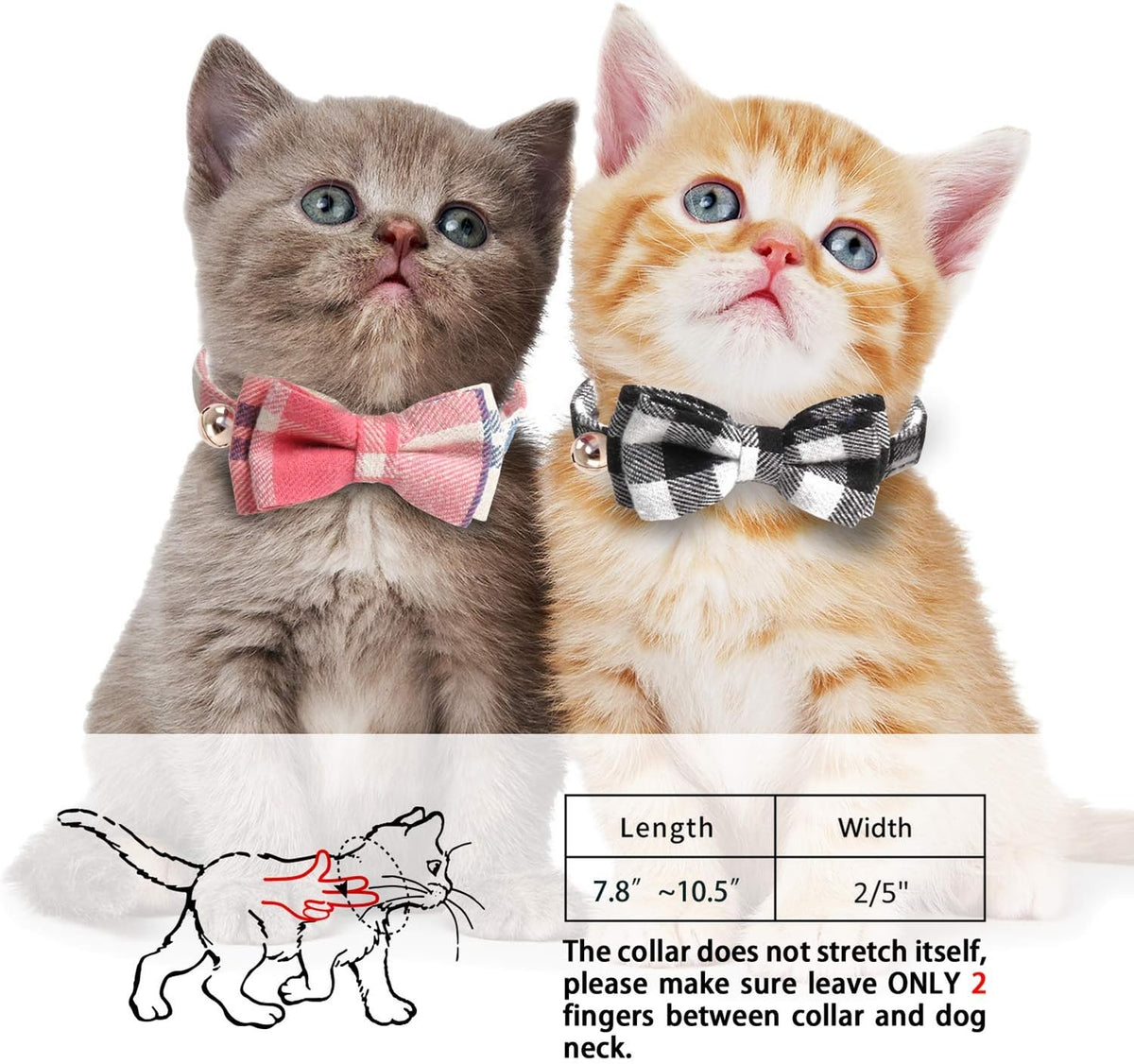 2 Pack/Set Cat Collar Breakaway with Cute Bow Tie and Bell for Kitty - Black+Pink / Plaid - image 2