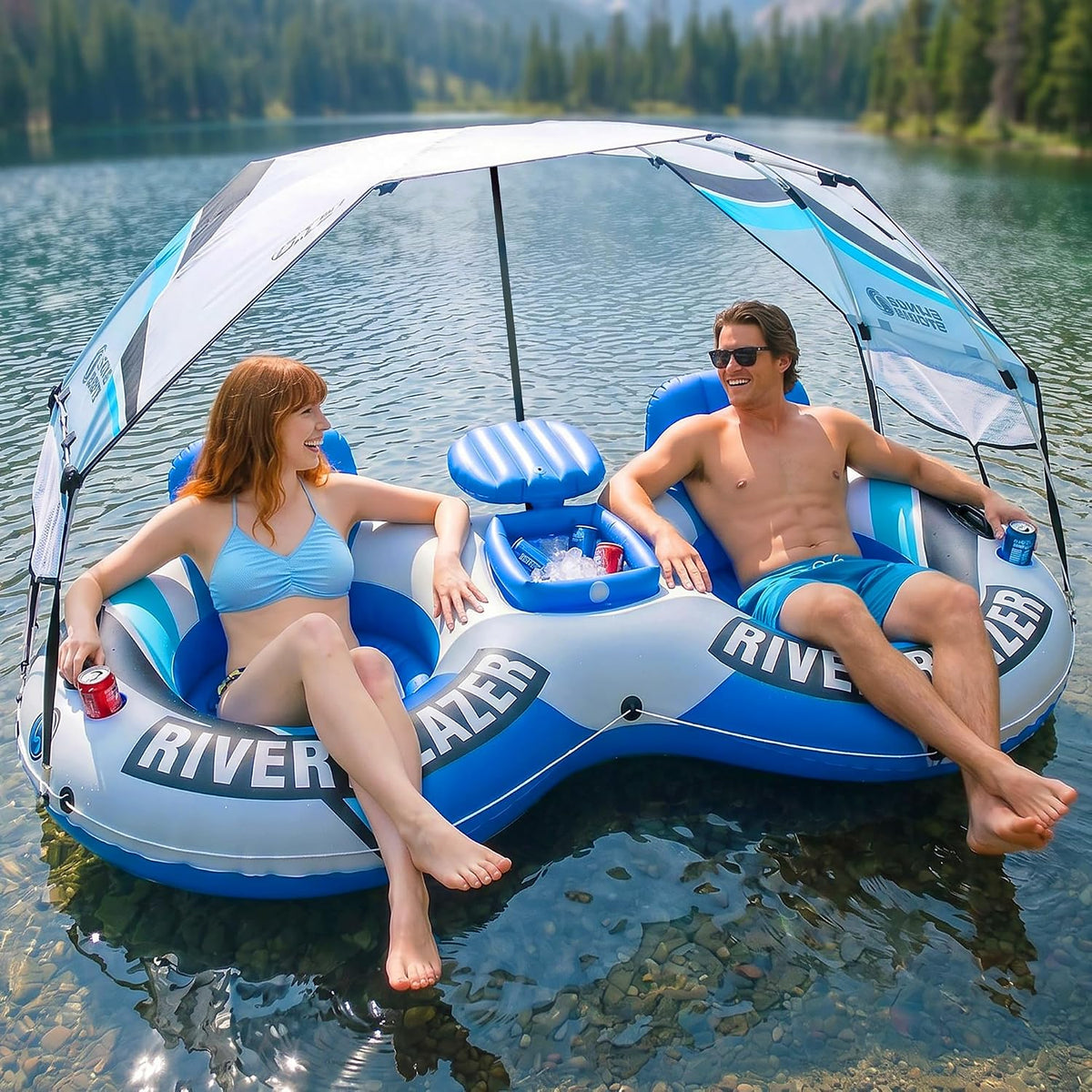 Sunlite Sports Inflatable River Tube Float - 2 Person with Canopy & Cooler