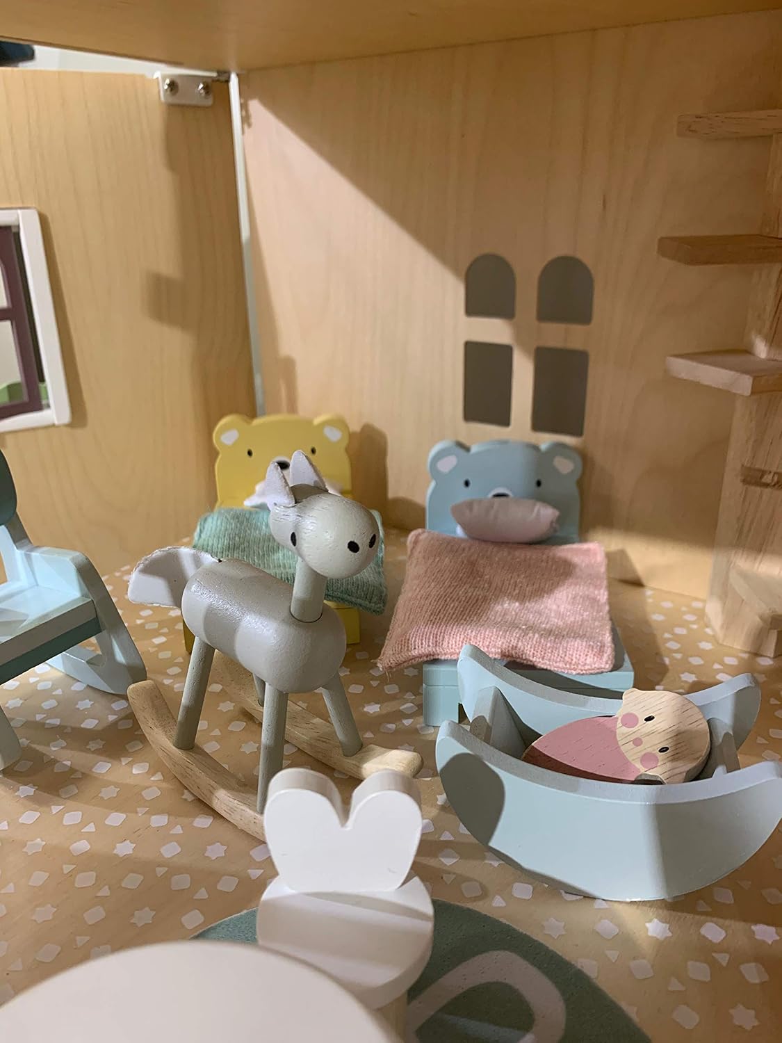 Tender Leaf Toys wooden dollhouse furniture nursery set with cot, high chair, pram and baby - view 16