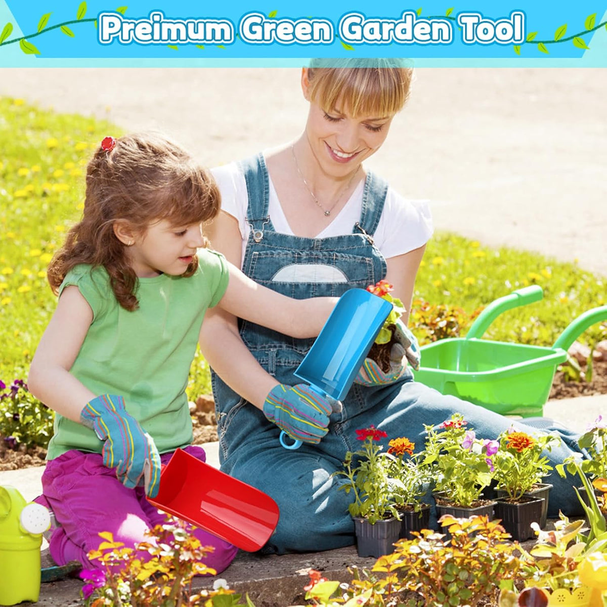 Anzmtosn kids garden tool set with rake, spade, hoe and leaf rake in a mesh bag - view 9