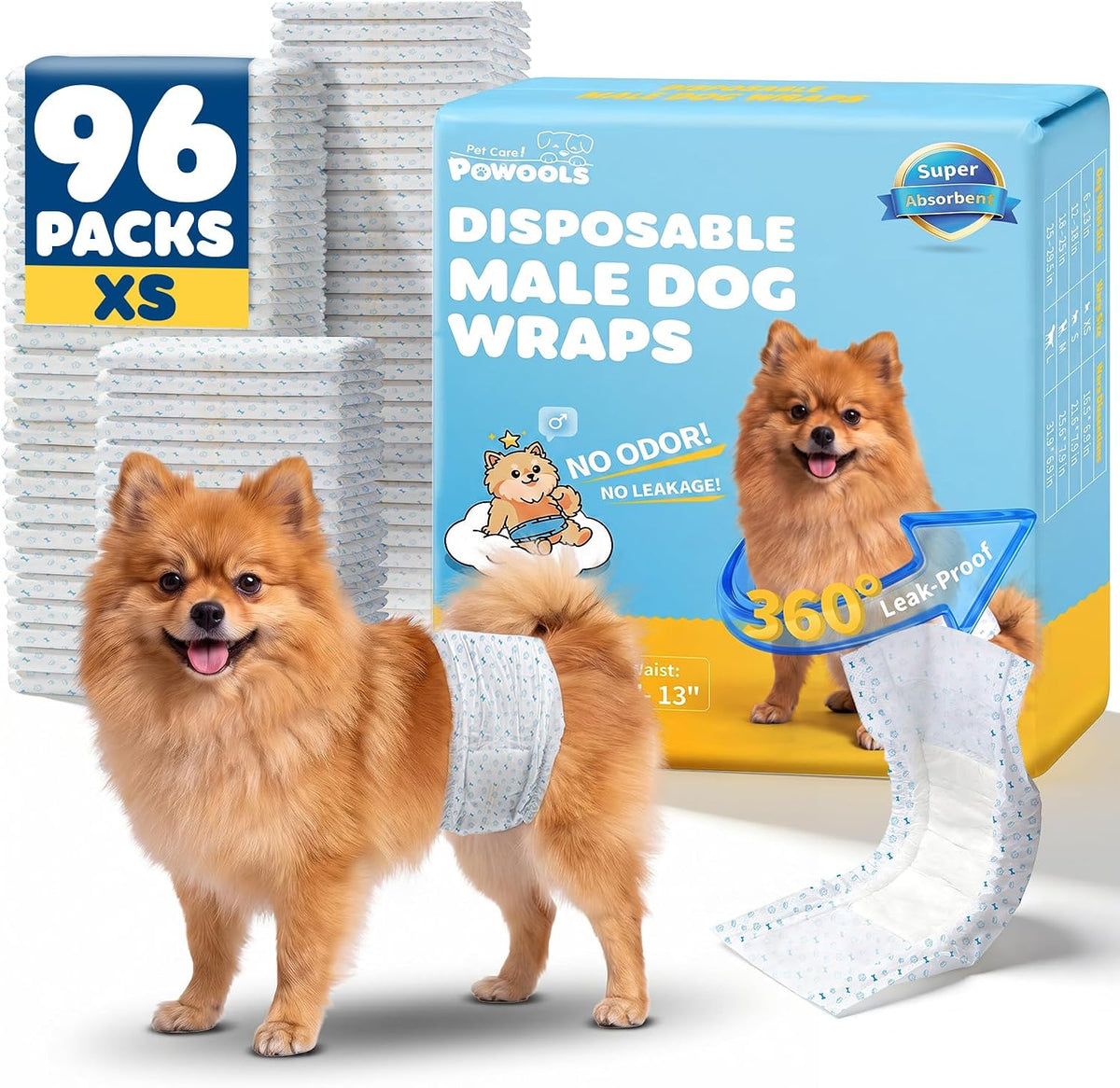 Powools Male Dog Wraps, 96 Count Disposable Dog Diapers, Small – Essentials for Dogs - X-Small - 96 Packs