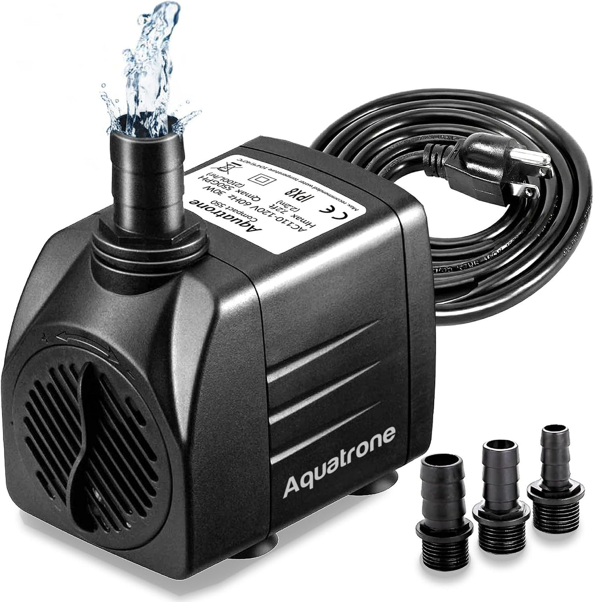 550GPH 30W submersible water pump with flow control valve and suction cups