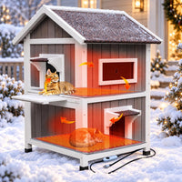 2-Layer Outdoor Cat House with Soft Mat - Grey-with Heated Pad