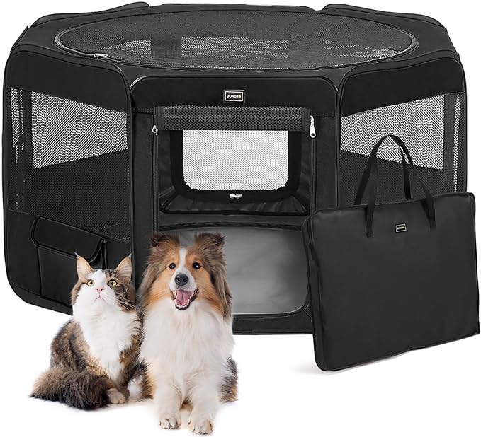 DONORO Dog Playpen Portable Pet Play Pens for Small Dog/Cat/Rabbit/Chicks, Cat Playpen Indoor/Outdoor with Carring Case, Removable Zipper Top and Bottom (Black, Small (29"x29"x15"), 8)