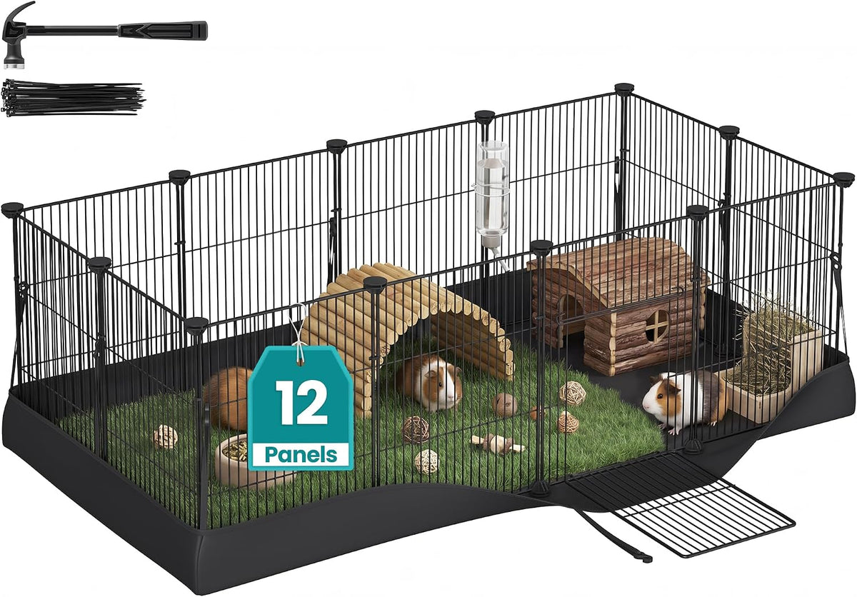 SONGMICS Pet Playpen with Floor, Small Animal Playpen – Essentials for Small Pets - Black / 12 Panels - 47.2"L x 23.6"W x 15.7"H