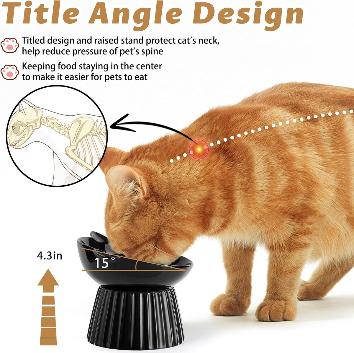 Ceramic Raised Cat Bowl，Tilted Raised Cat Bowl Anti Vomit Cat Bowls - White+Black - image 3