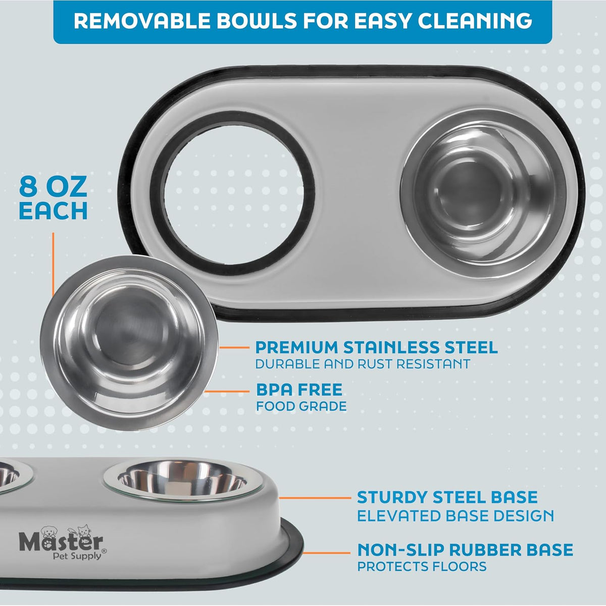 Master Pet Supply Double Dog Bowls Set with Elevated Base Black Velvet – Essentials for Dogs - Light Gray - image 3