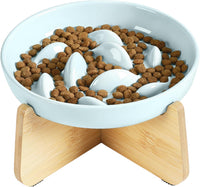 PETTOM Slow Feeder Cat Bowl Elevated Ceramic with Bamboo Stand - Green Fish