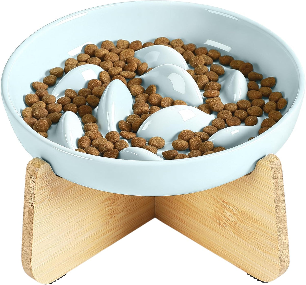 PETTOM Slow Feeder Cat Bowl Elevated Ceramic with Bamboo Stand - Green Fish