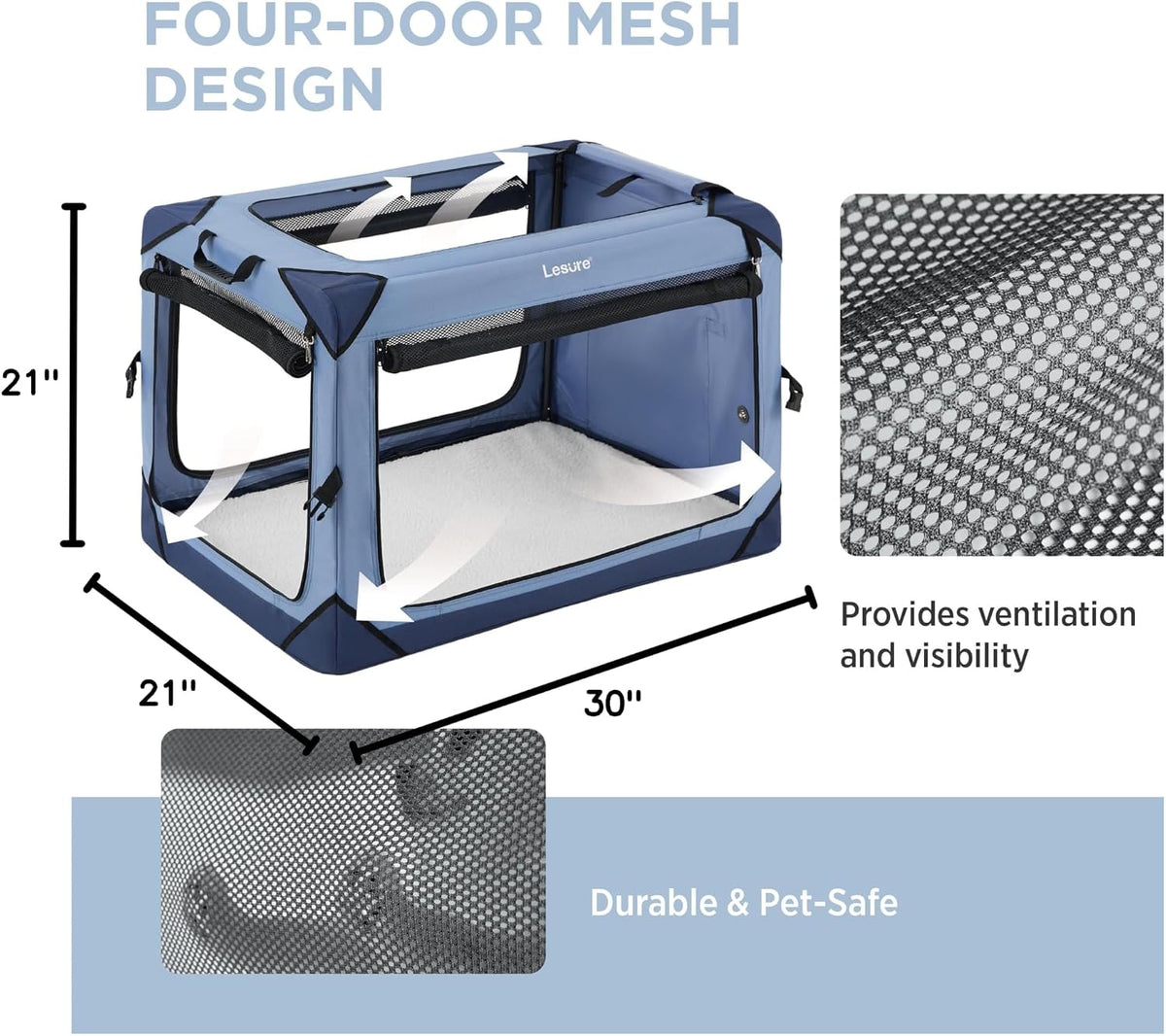 Lesure Portable Soft Collapsible Dog Crate for Large Dogs - Blue / 30.0"L x 21.0"W x 21.0"H - image 4