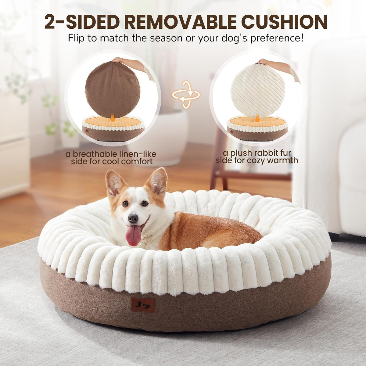 Donut Dog Bed Medium Size Dog, Round Cat Beds for Small Dogs – Essentials for Dogs - Cream / 36"L x 36"W x 10"Th - image 3