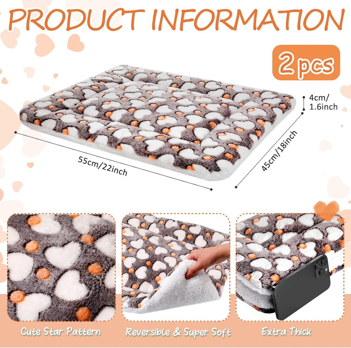 2 Pack Self Warming Cat Dog Bed Pad - Grey / 22'' X 18'' / Hearts - image 2
