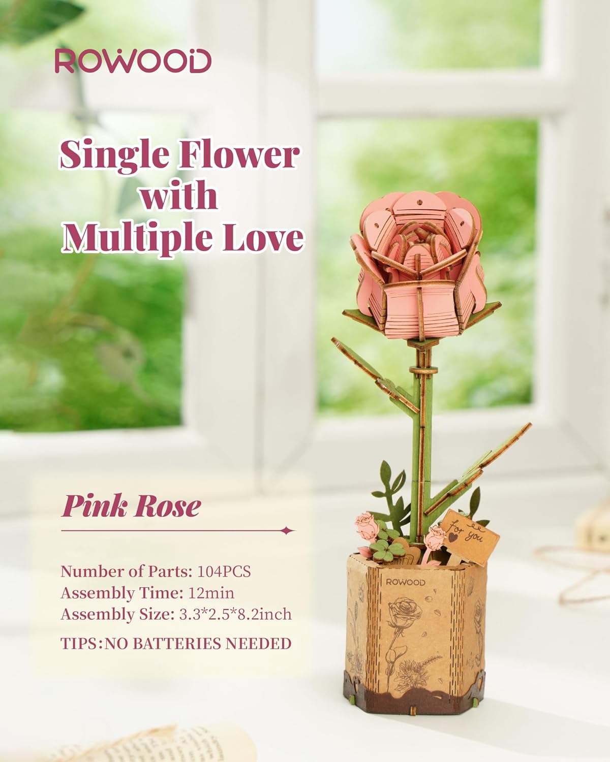 rowood 3D Puzzles for Adults - Pink Rose - image 3