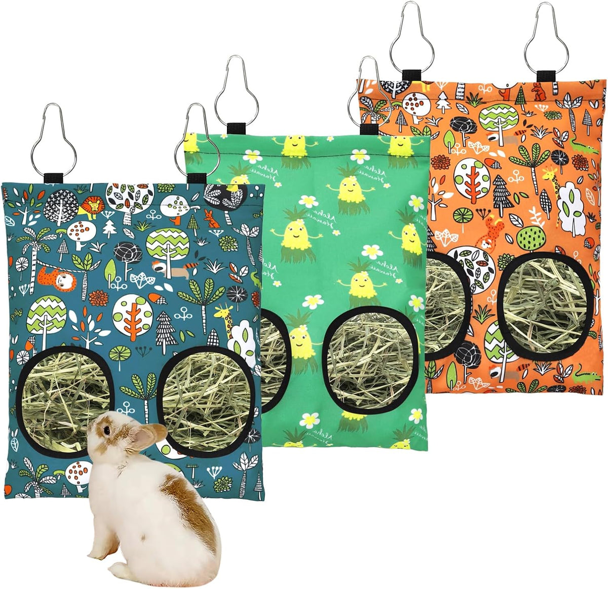 3 Pcs Rabbit Hay Feeder Bag - 11.8"×8.7" / Blue,Orange,Green