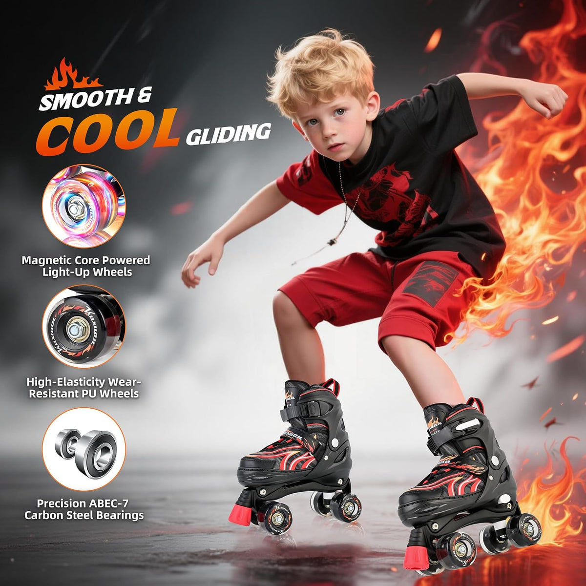 Kuxuan Adjustable Roller Skates with Fun Illuminating Rollerskate - Flame Red / Large - Youth(4-7US) - image 3