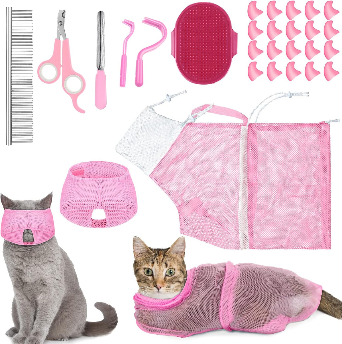 9 Pcs Cat Bathing Bag Set Cat Shower Bag - Pink