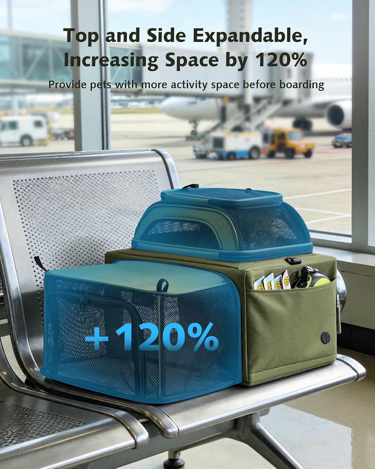 Pecute Expandable Airline Approved Pet Carrier for Cats & Dogs - Olive Green / Top & Side Expandable - image 2