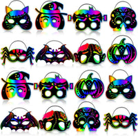 Natonhi 32 rainbow Halloween scratch art masks with wooden styluses and strings
