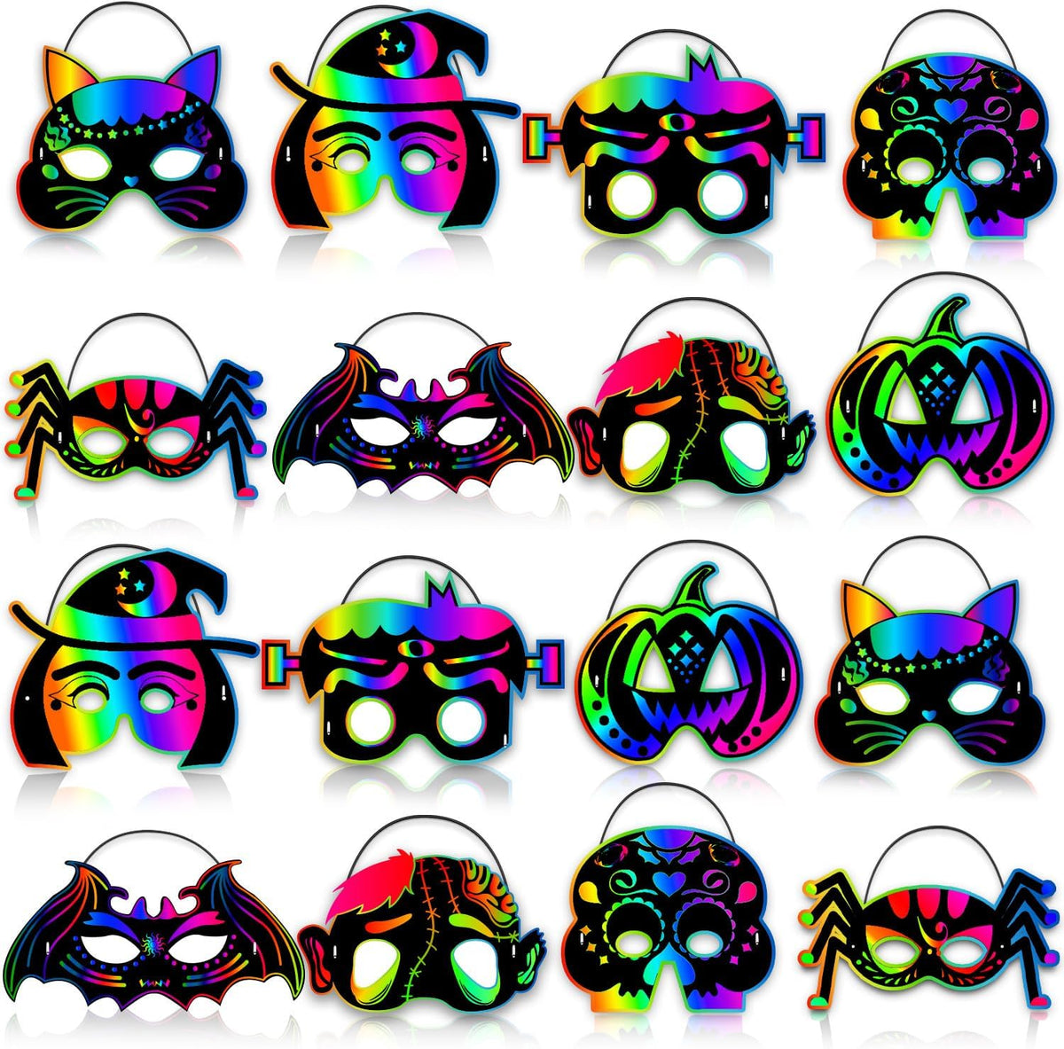 Natonhi 32 rainbow Halloween scratch art masks with wooden styluses and strings