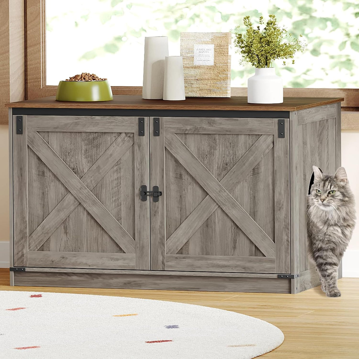 Hzuaneri Cat Litter Box Enclosure - Light Ivory and Brown / 39.4"L x 21.7"W x 23.6"H