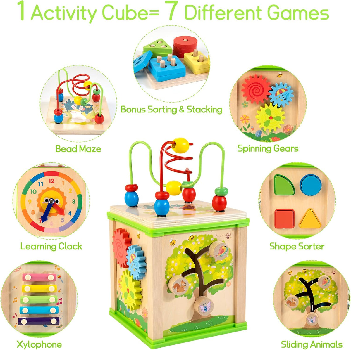 WOODMAM Wooden 7-in-1 Activity Cube - Green - image 2