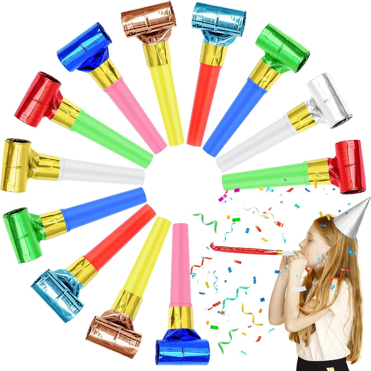Twavang 12-pack colorful party blower noisemakers with metallic rolls