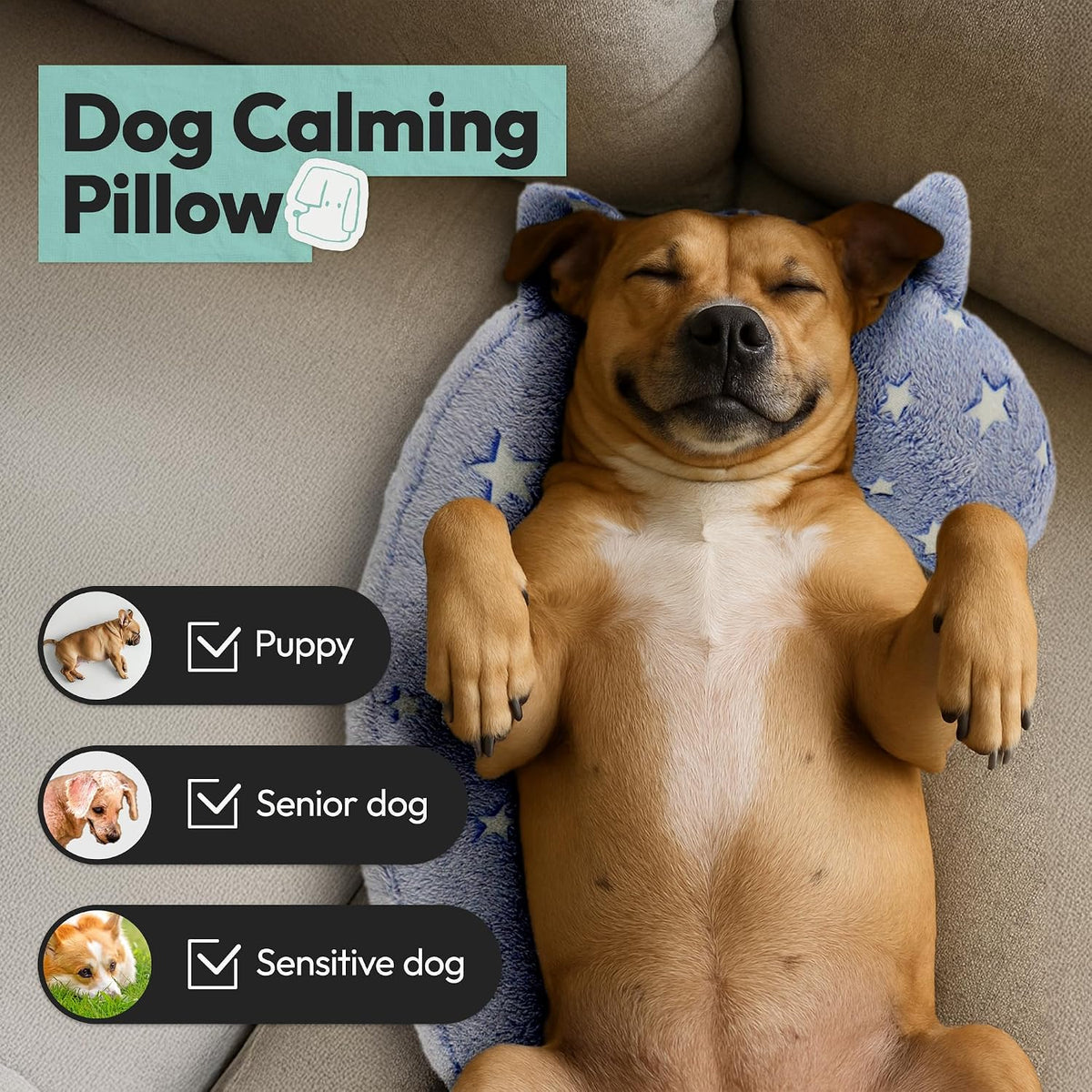 Dog Calming Pillow, Glow in The Dark Dog Put Head on - Medium / Light Blue - image 3