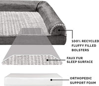 Furhaven Orthopedic Dog Bed for Large Dogs w/ Removable Bolsters & Washable Cover, For Dogs Up to 125 lbs - Luxe Faux Fur & Performance Linen Sofa - Charcoal, Jumbo Plus/XXL
