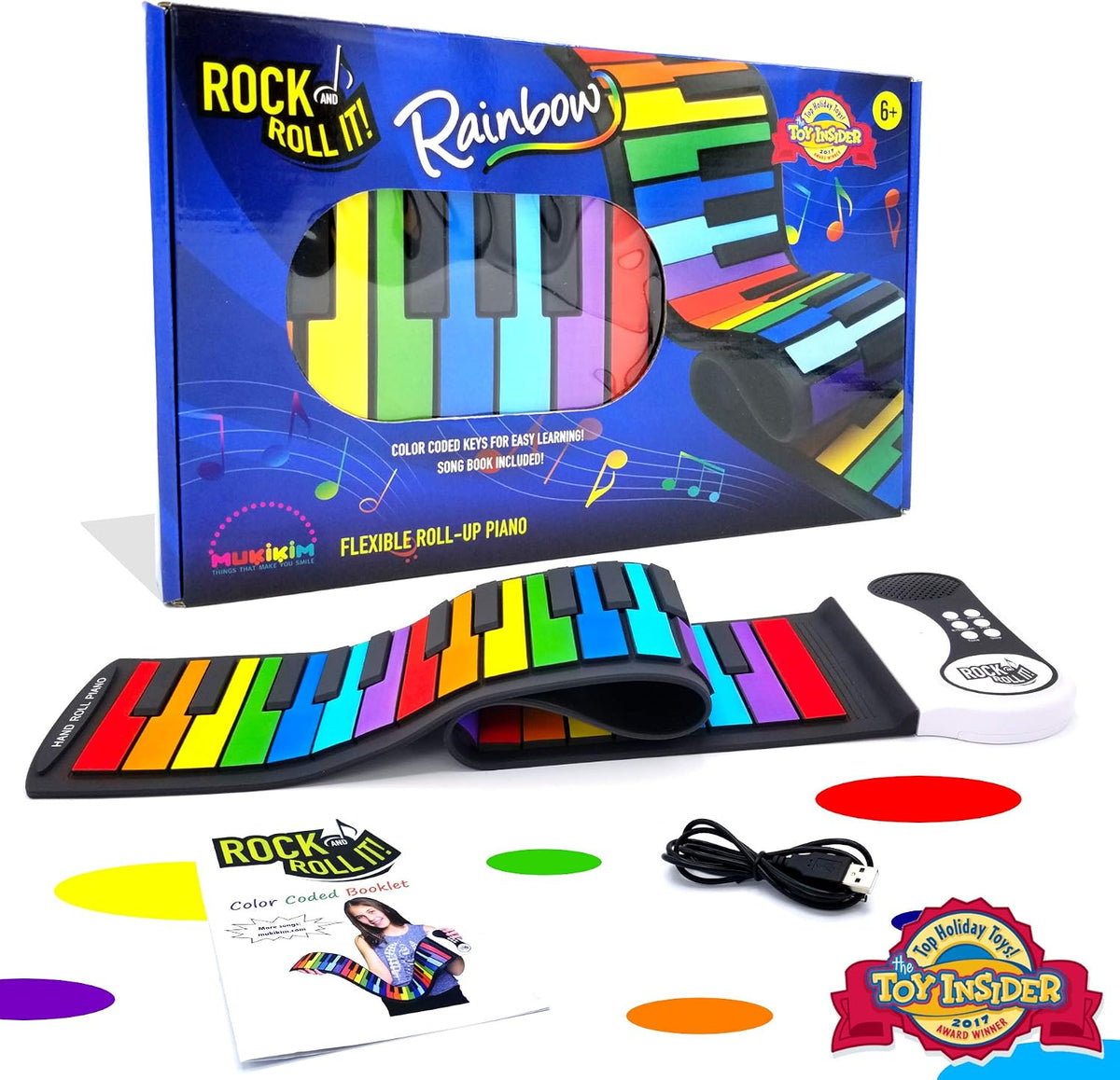 MUKIKIM Rock and Roll It - The Original Rainbow Piano. Roll Up Flexible Piano Keyboard for Kids /