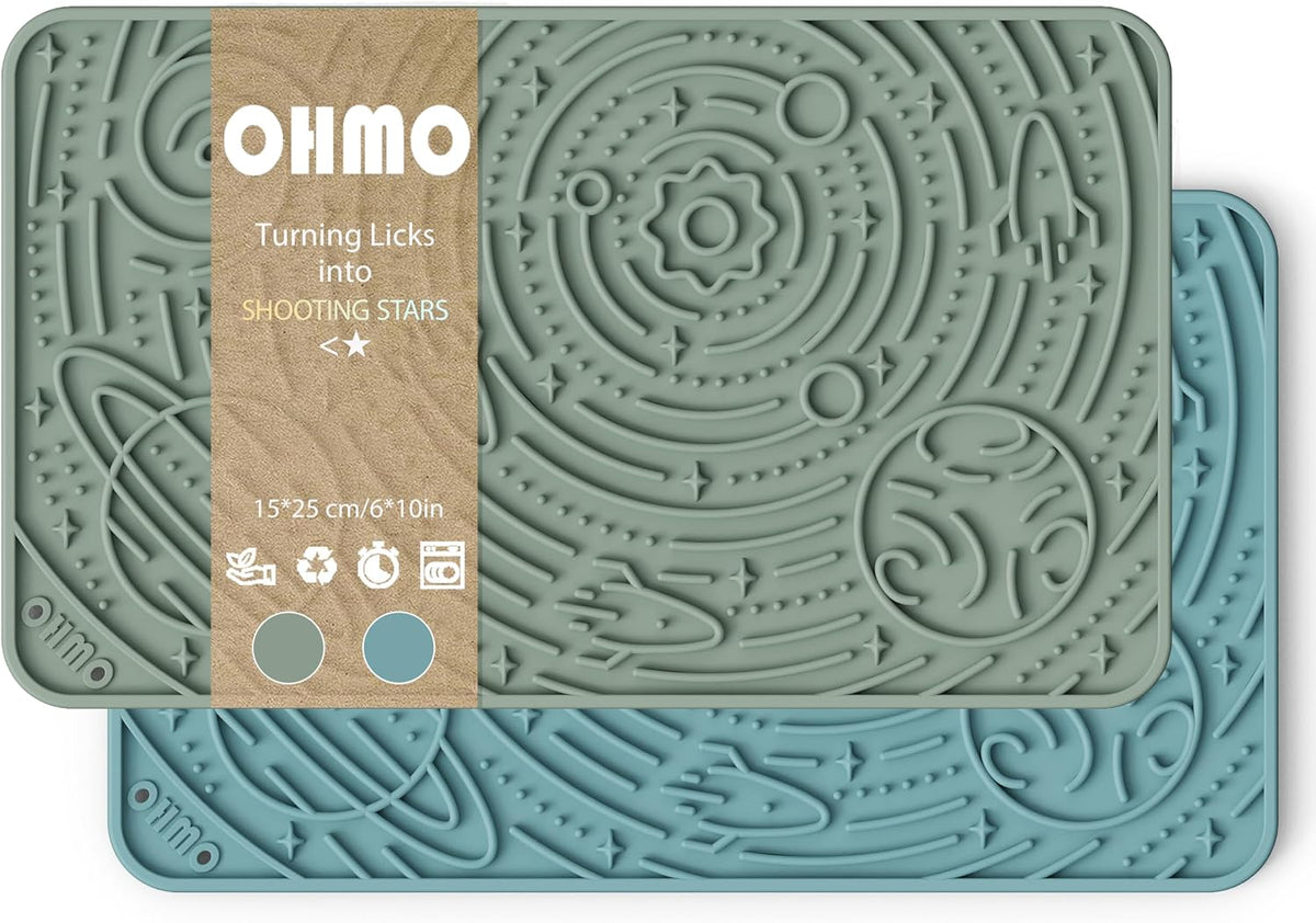 OHMO Lick Mat for Dogs&Cats, Space Pattern, Camo&Sage Green - Light Blue&Light Green / 9.8"L x 5.9"W