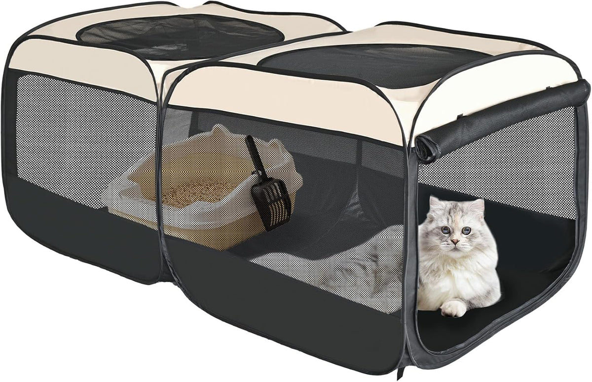 2-in-1 Dog Playpen, 58''Pop Up Cat Puppy Pet Playpen Indoor/Outdoor Cats Enclosed, Cat Dog Tent - Beige / M, 58.3"L x 30"W x 24.1"H