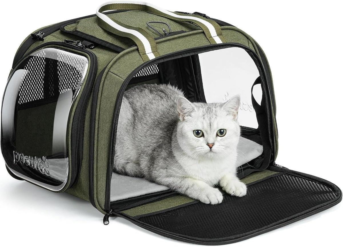 Pecute Cat Carrier, Double Bubble Pet Carrier for Cat Small Dogs - 16.9"L x 11.8"W x 12.6"H / Dark Green