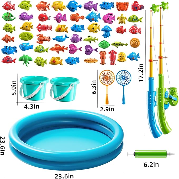 Pool Fishing Toys Games, Water Table Bathtub Toy with Inflatable Pool Pole Rod Net Plastic Floating Fish, Birthday Gifts for Kids Age 3 4 5 6 Year Old