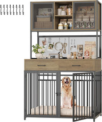 HITHOS 71" Tall Dog Crate Furniture, Indoor Dog Kennel with Hutch, 42" W Dog Cage for Large/Medium Dogs, Wood Dog Crates with 2 Storage Drawers, Heavy Duty Pet House, Rustic Brown