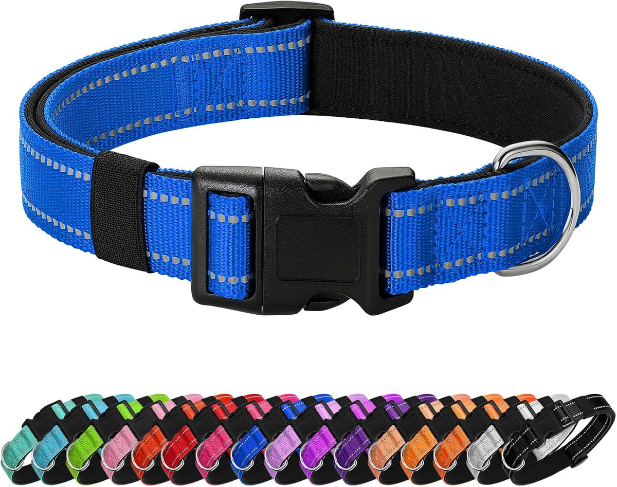 Reflective Dog Collar, Adjustable Nylon for Medium Dogs - Blue / L:width 1"neck 17.5-27"