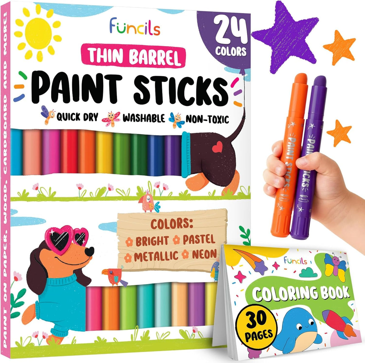 24 Thin Washable Paint Sticks for Kids - 24 Thin