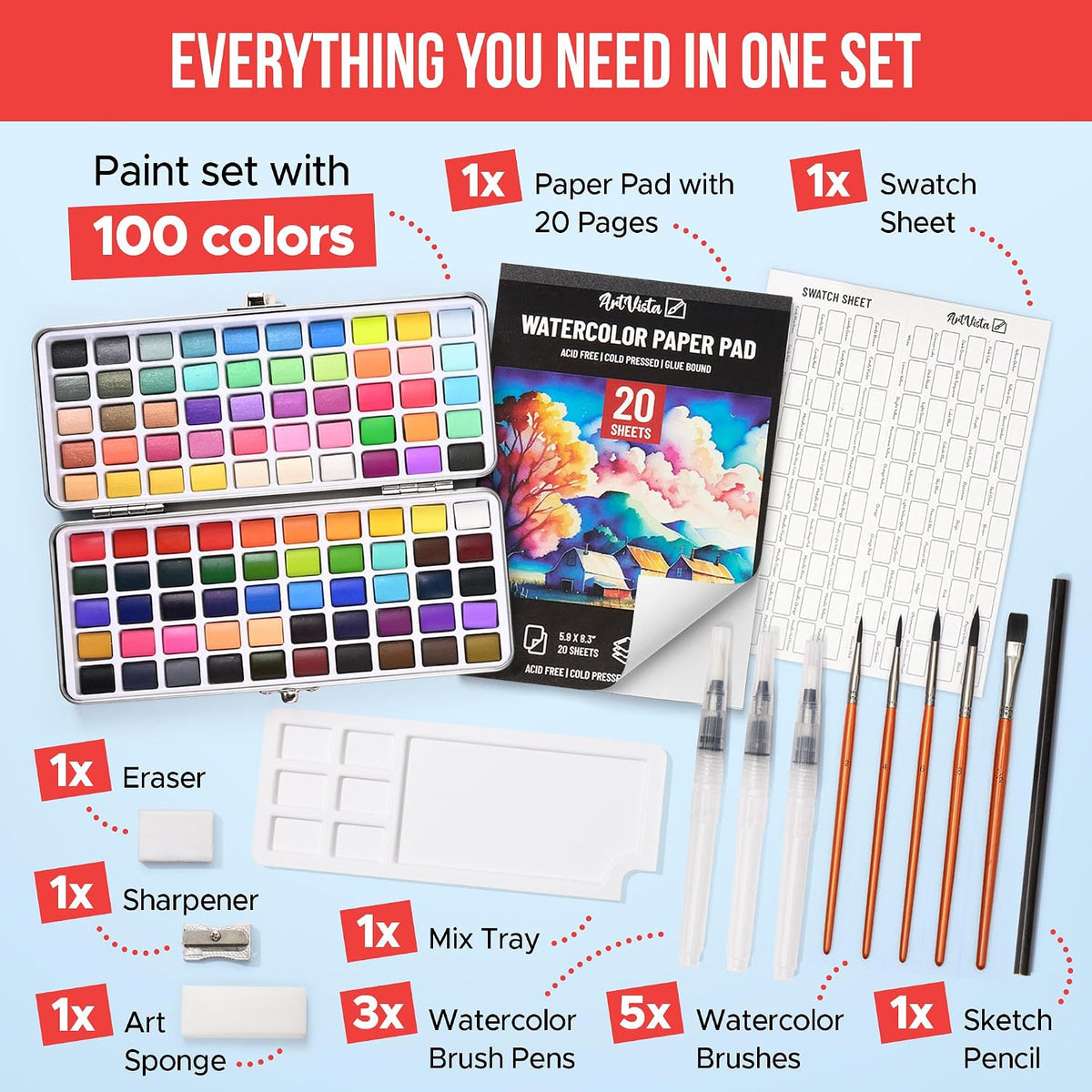 Premium Watercolor Paint Set Bundle with 100 Vibrant Colors for Adults – Fun for Kids & Family - Large Set - image 2