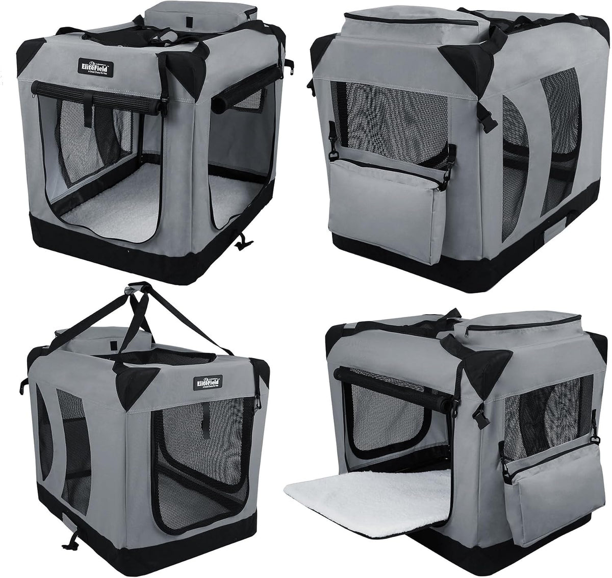EliteField 3-Door Soft Dog Crate with Bed & Carrying Bag – Essentials for Dogs - Light Gray / 42.0"L x 28.0"W x 32.0"H - image 3