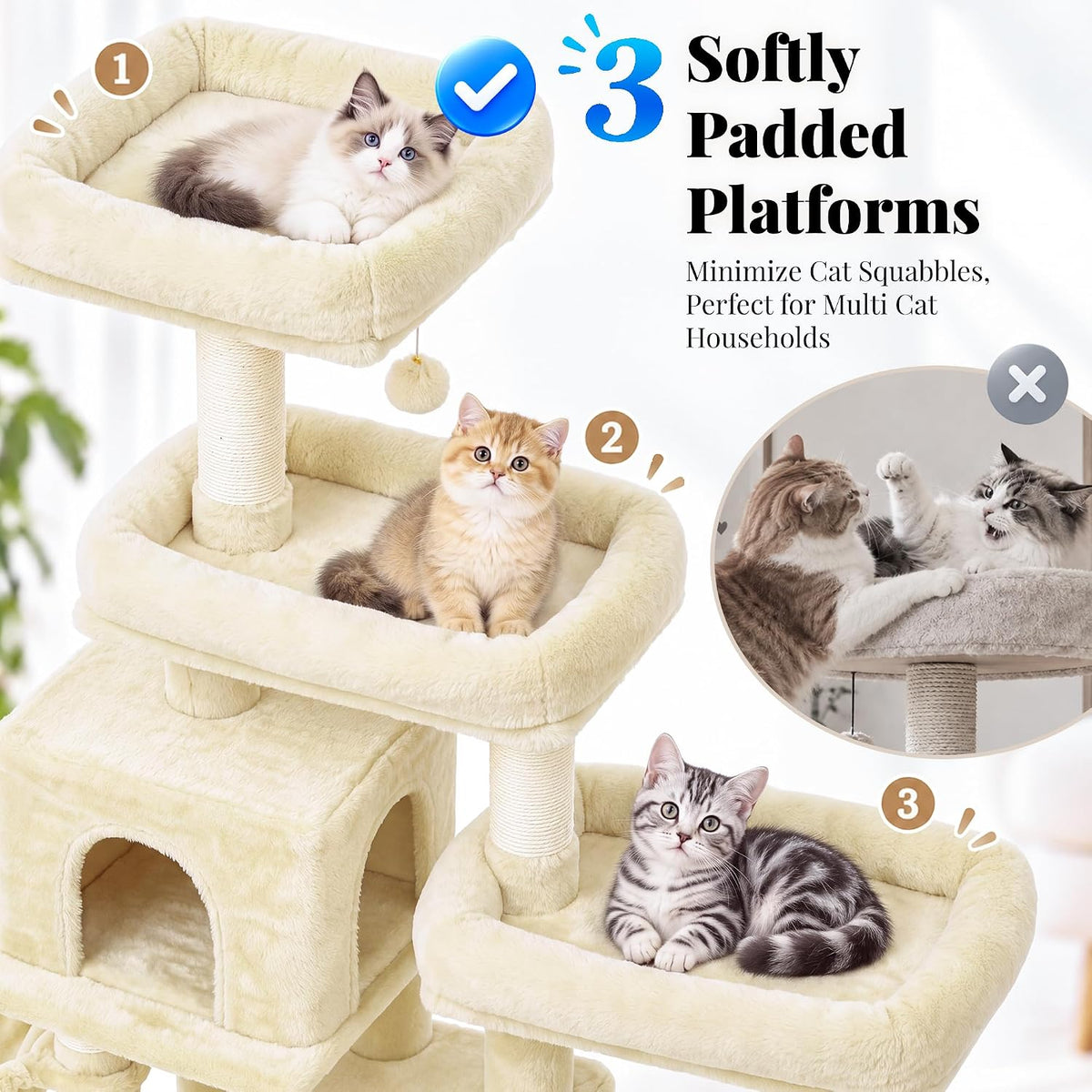 Hey-brother Cat Tree Tower with Stable Extended Base - Beige - image 4