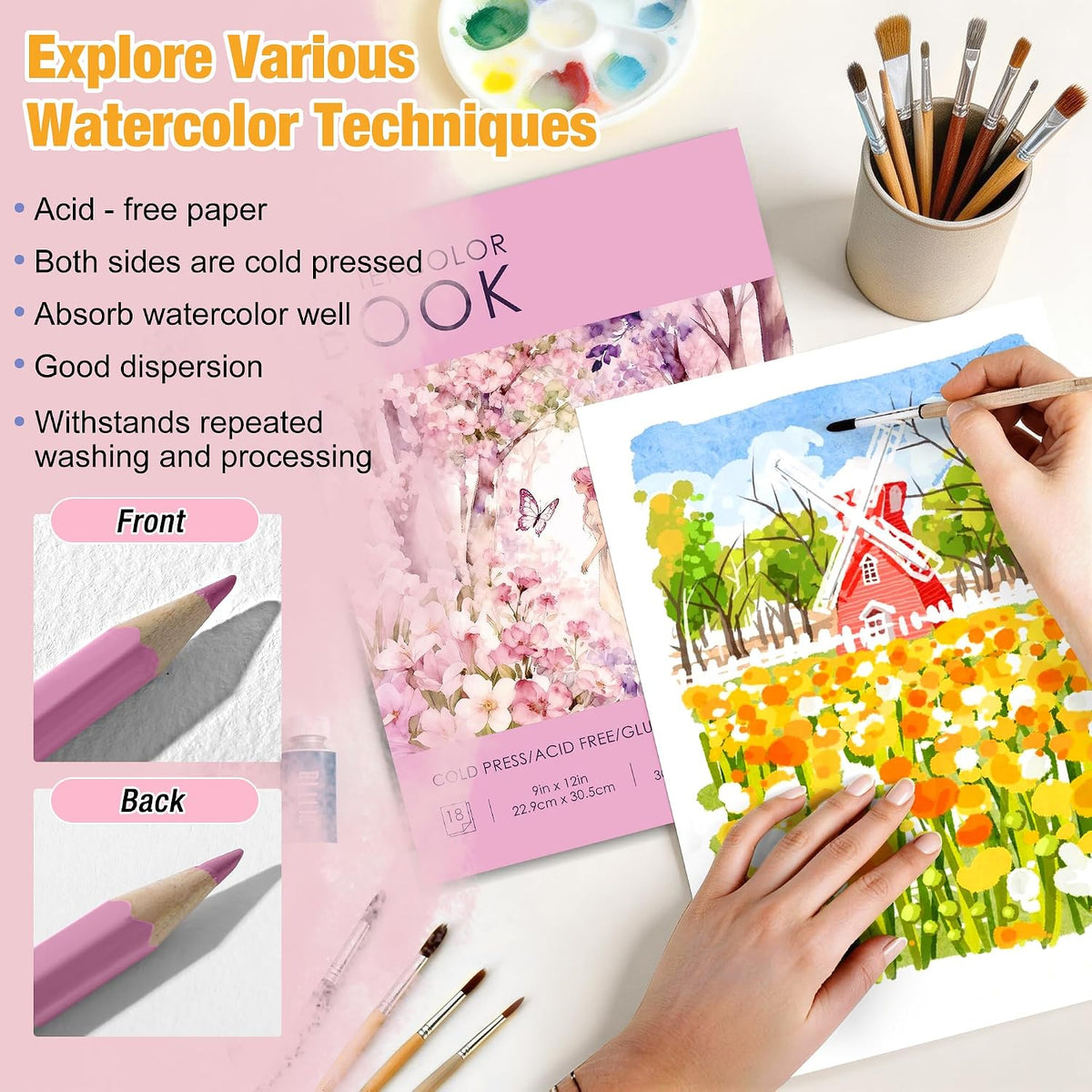 Watercolor Paper Pad, 5.5"x8.5”, Spiral, Bound with Tear - Pink / 9" x 12" Glue Bound - image 4