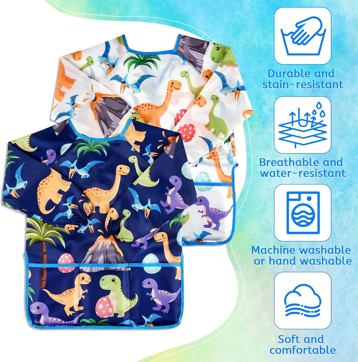 2 Pcs Kids Art Smock Painting Toddler Smock Long Sleeve with 3 - White, Dark-blue / 2 - image 3