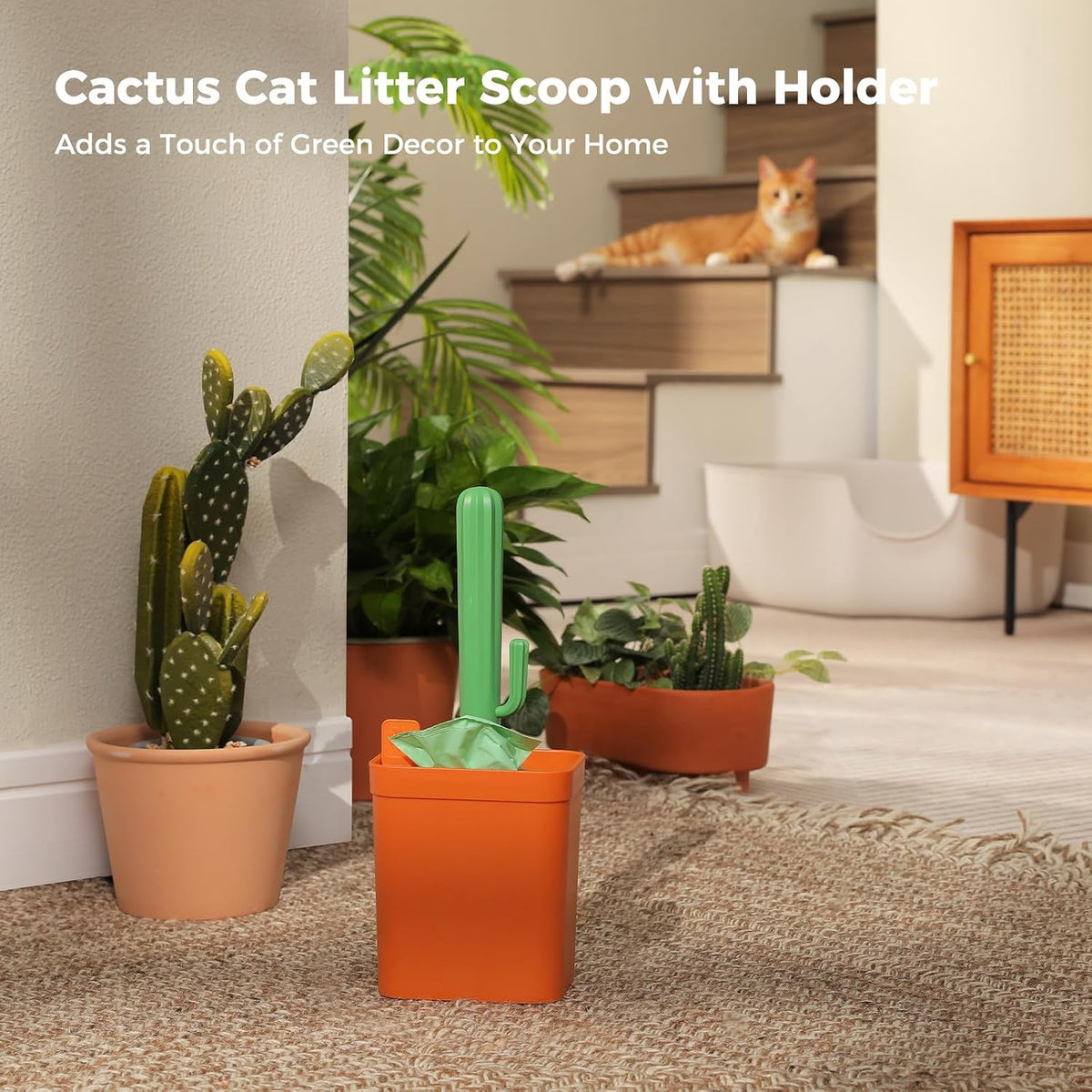 Cactus Cat Litter Scoop with Holder, 2 Replaceable Shovels - Cactus Green / Litter Scoop with 3 Trash Bags - image 2