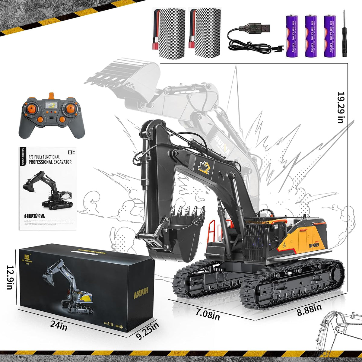 FUYLE 22 channel remote control excavator, 1/14 scale with alloy shovel and rubber tracks - view 2