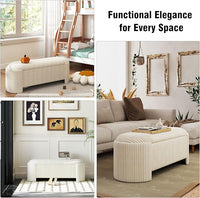 Storage Ottoman Bench Upholstered Corduroy End of Bed with Safety Hinge for Bedroom, Living Room, Entryway, Closet, Stool Modern Design Legs, No Installation Needed, White
