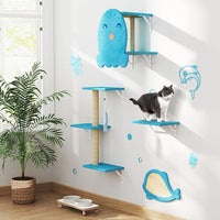 COZIWOW 4-Piece Wall-Mounted Cat Tree Set – Sturdy Wood Pet House, Scratching Board, Platforms, Sisal Posts & Blue Fish Charm – Ocean Blue