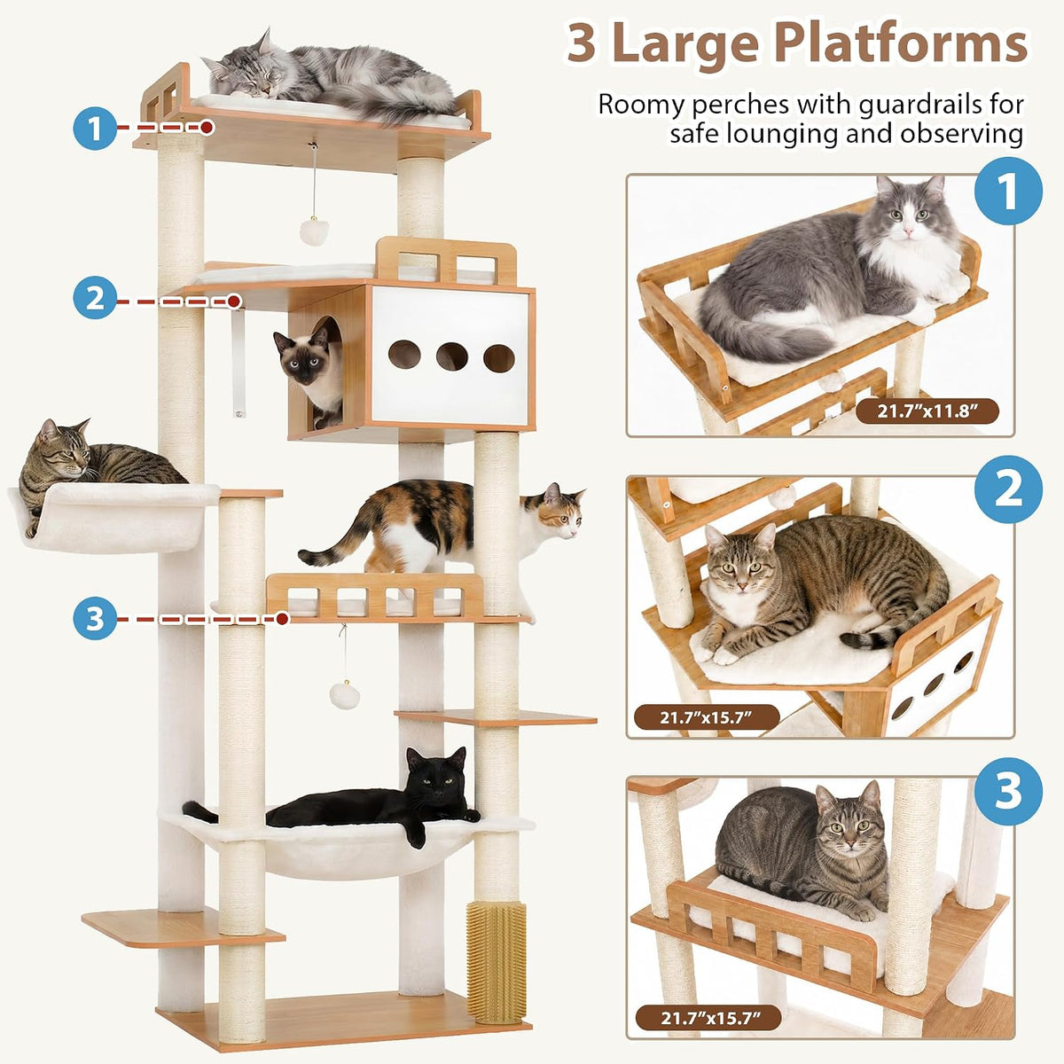 Modern Cat Tree, 76'' Tall Cat Tower, 3 Big Platform GCT103WB - Walnut / 76 inches - image 2