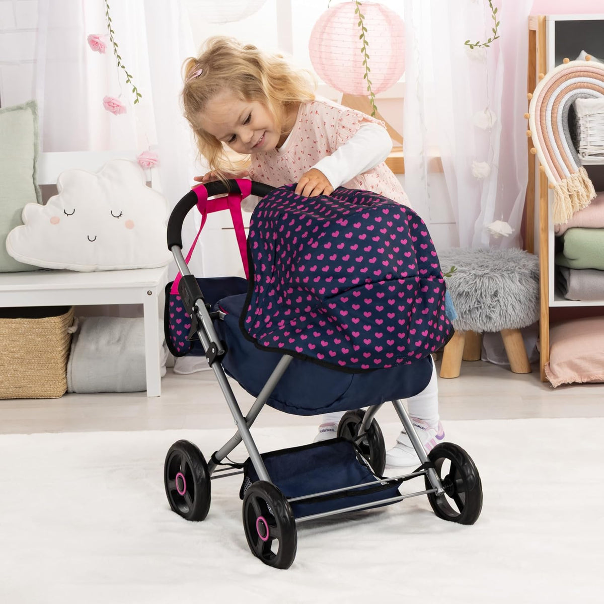 Bayer Baby Doll Stroller Toy Set with Bag - Navy with Hearts - image 3