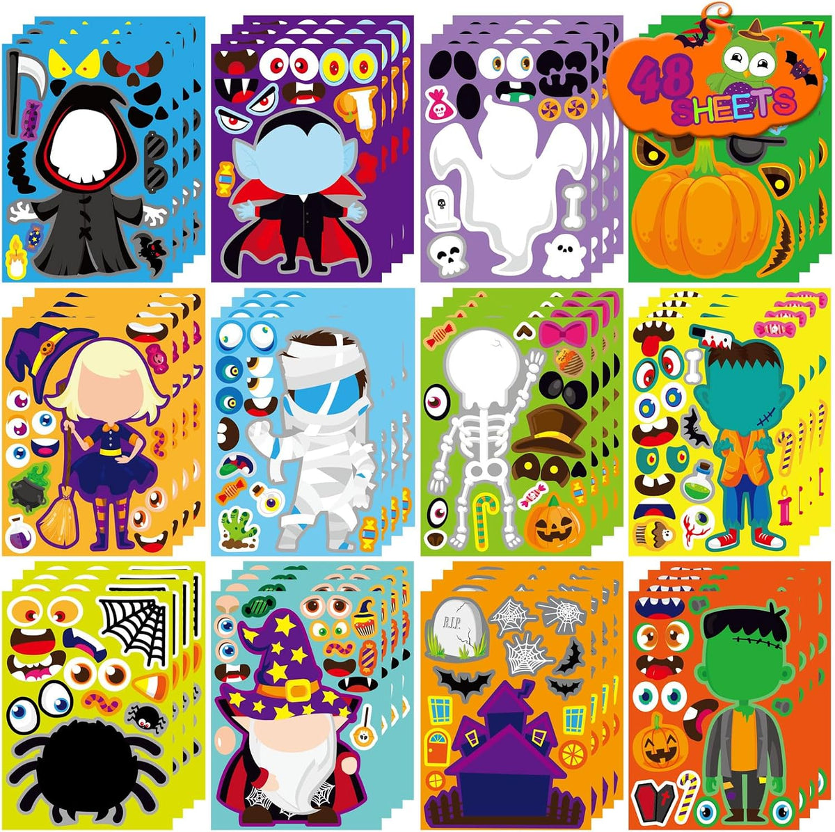 48PCS Halloween Make-a-face Stickers Halloween Characters Stickers - Halloween 12 Design