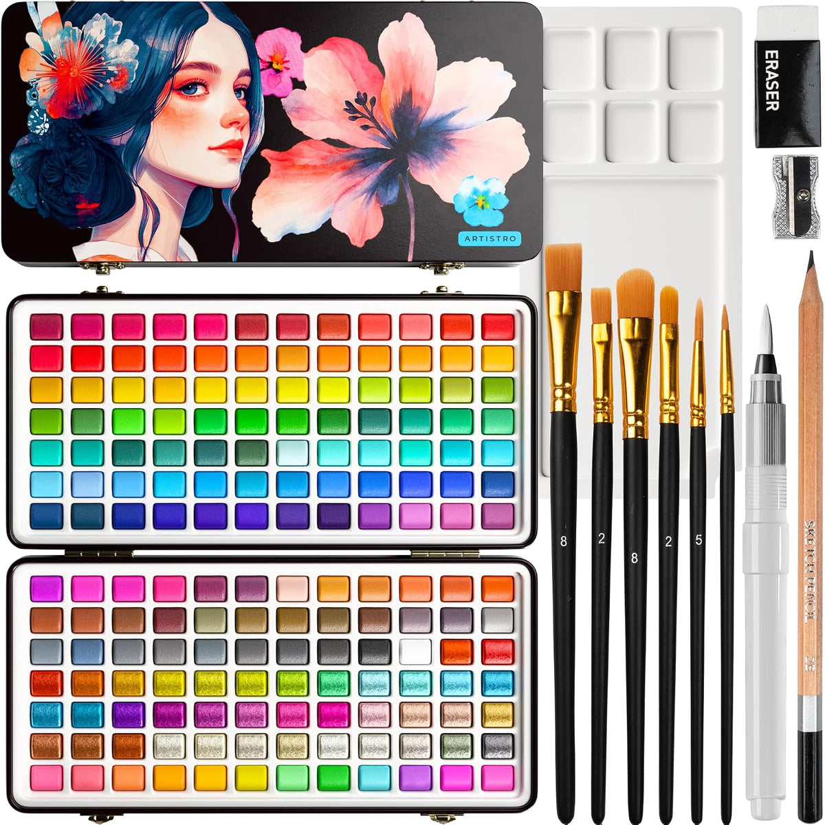ARTISTRO 50 Metallic Watercolor Paint Set with Brushes for Adults - 168 colors Portable Travel