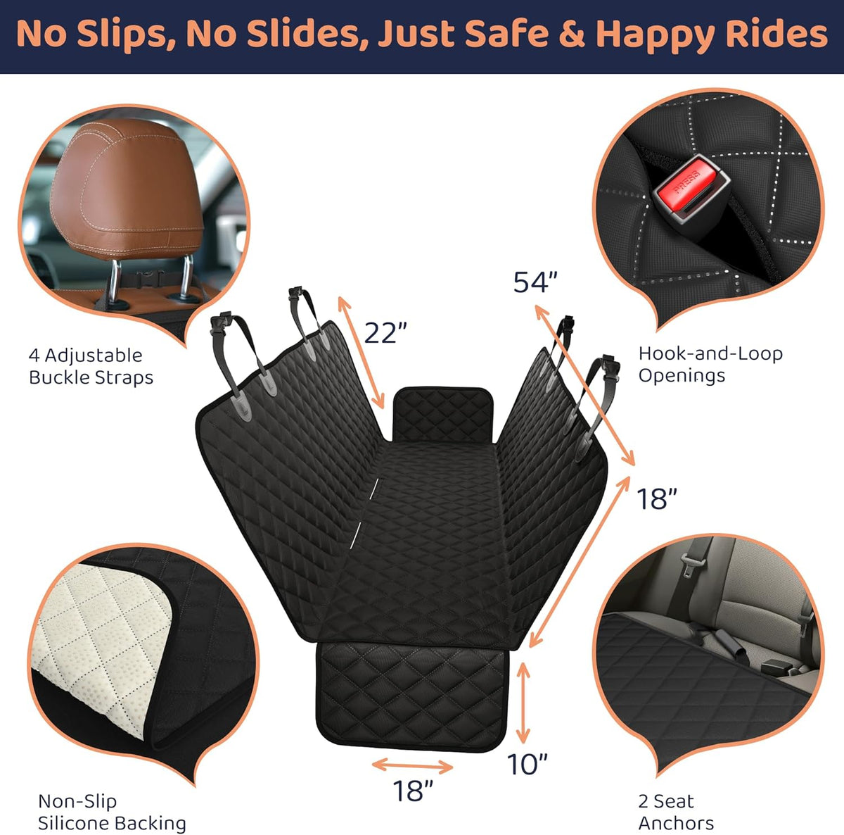 Dog Car Seat Cover for Back Seat, Dog Hammock for Car, SUV - Black / Standard 54"W- Sedans & Compact SUVs - image 2